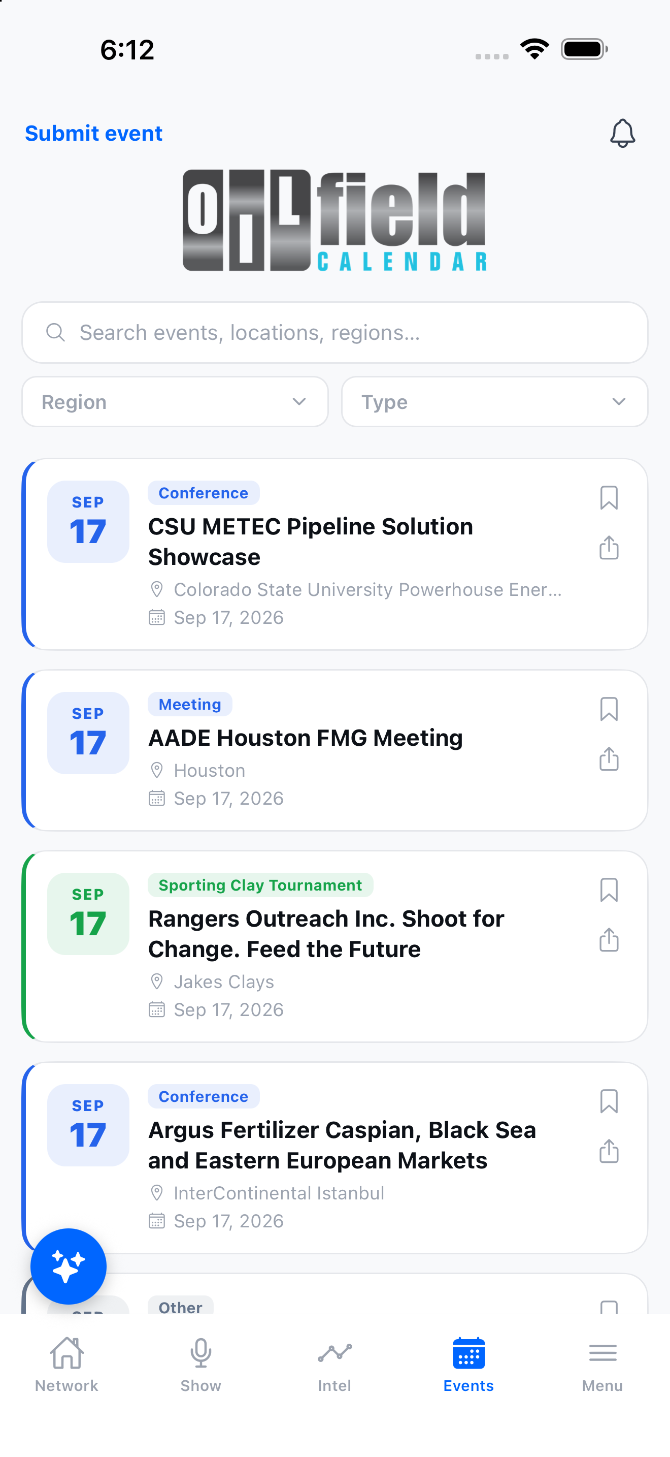 OilPatch Calendar events in the CrudeLogic mobile app, with event search, regional filters and event listings